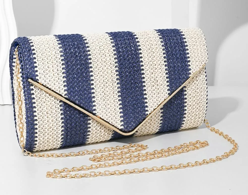Straw Clutch Purse for Women Color-block Striped Woven Evening Bag Summer Beach Envelope Purse Crossbody Shoulder Bag
