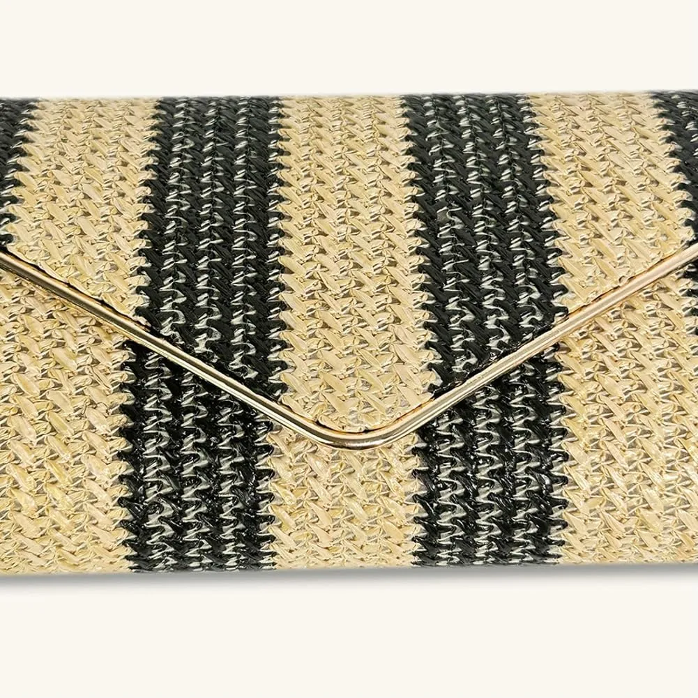 Straw Clutch Purse for Women Color-block Striped Woven Evening Bag Summer Beach Envelope Purse Crossbody Shoulder Bag