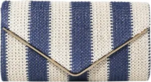 Straw Clutch Purse for Women Color-block Striped Woven Evening Bag Summer Beach Envelope Purse Crossbody Shoulder Bag