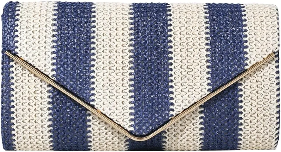 Straw Clutch Purse for Women Color-block Striped Woven Evening Bag Summer Beach Envelope Purse Crossbody Shoulder Bag