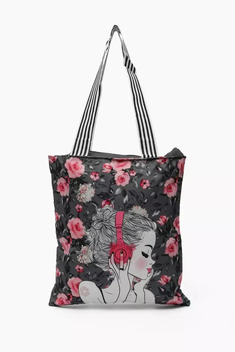 Style Girl Printed Canvas Shopping Bag for Girls - Grey
