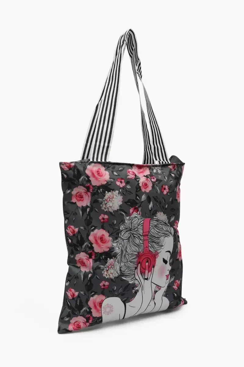 Style Girl Printed Canvas Shopping Bag for Girls - Grey