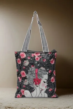 Style Girl Printed Canvas Shopping Bag for Girls - Grey