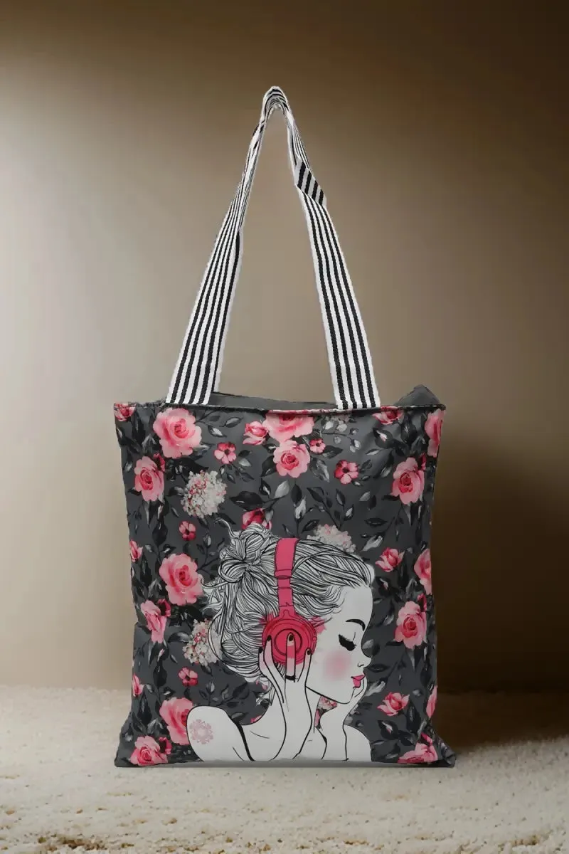 Style Girl Printed Canvas Shopping Bag for Girls - Grey