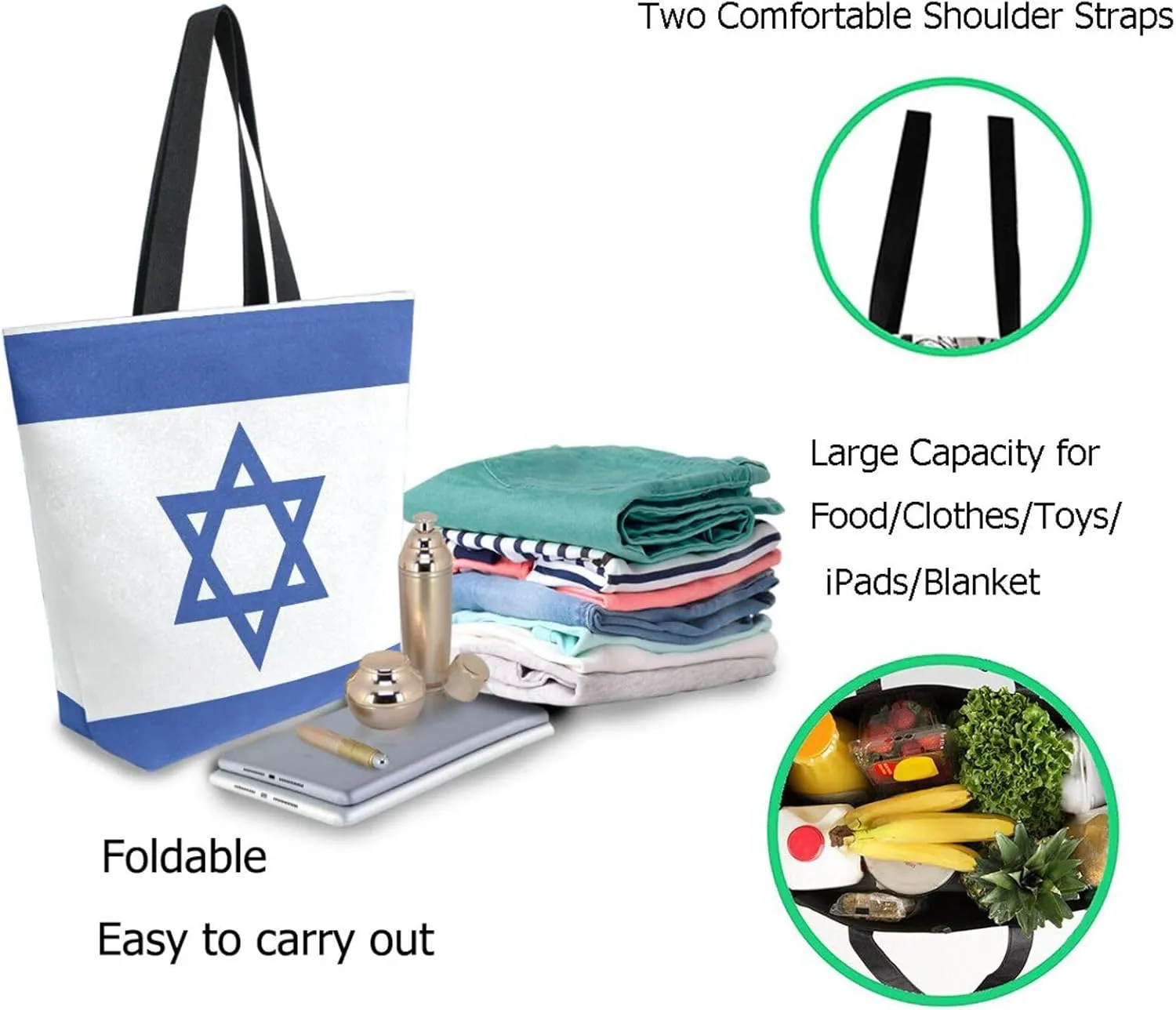 Stylish Extra Large Shoulder Grocery Tote Bag, Flag Of Israel Canvas Daily Handle Bag for Gym Weekender Beach Travel Kitchen Reusable Market Shopping, das07082196p281c318s555