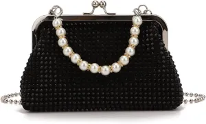 SUKUTU Women Luxury Full Rhinestone Shoulder Bag Noble Kiss Lock Crystal Messenger Bag Clutch Handbag with Pearl Beaded Chain