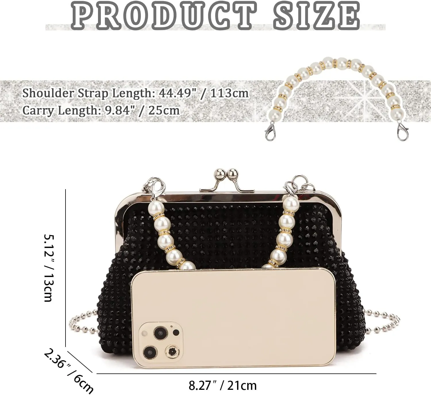 SUKUTU Women Luxury Full Rhinestone Shoulder Bag Noble Kiss Lock Crystal Messenger Bag Clutch Handbag with Pearl Beaded Chain