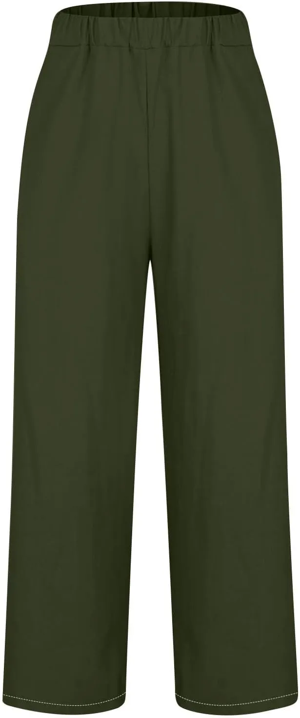Summer Capri Pants for Women Elastic Waist Cotton Linen Pants Plus Size Casual Straight Leg Cropped Trousers Pockets