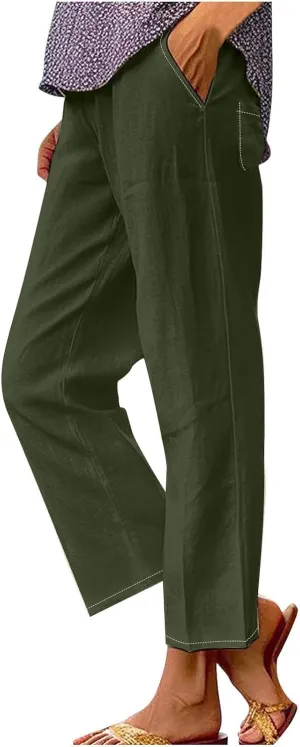 Summer Capri Pants for Women Elastic Waist Cotton Linen Pants Plus Size Casual Straight Leg Cropped Trousers Pockets