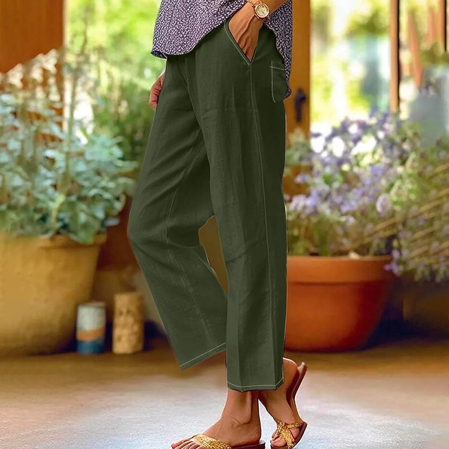 Summer Capri Pants for Women Elastic Waist Cotton Linen Pants Plus Size Casual Straight Leg Cropped Trousers Pockets