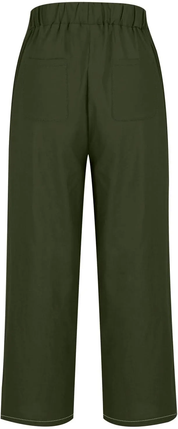 Summer Capri Pants for Women Elastic Waist Cotton Linen Pants Plus Size Casual Straight Leg Cropped Trousers Pockets