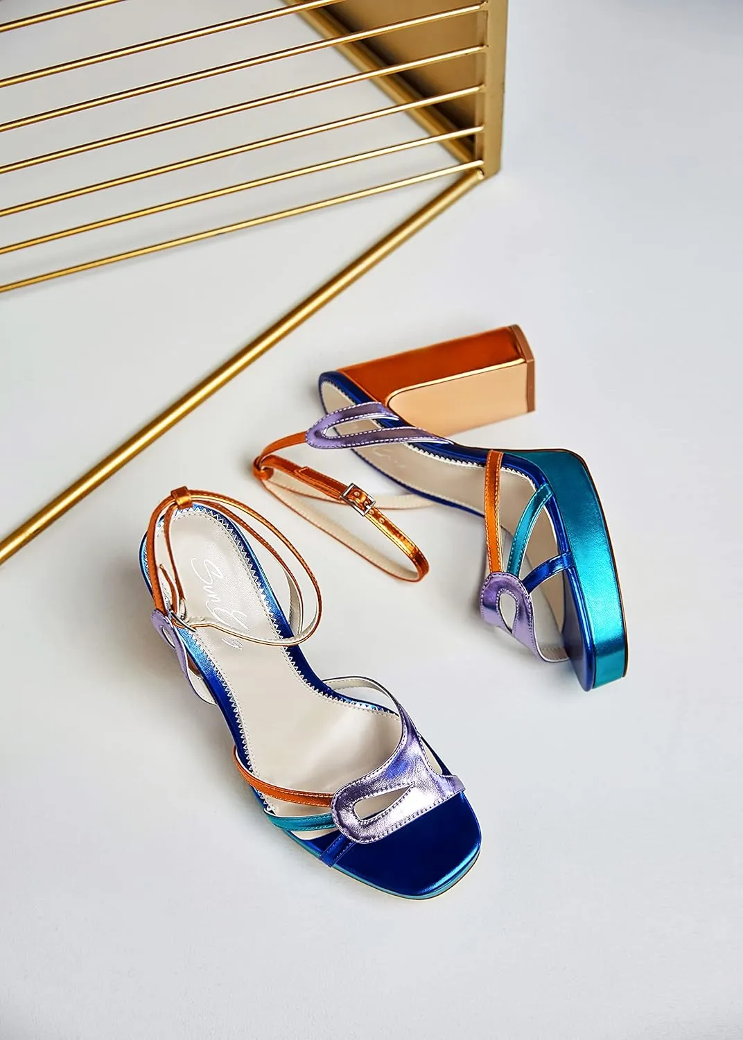 sun gurg Strappy Platform Heels for Women Square Open Toe Chunky High Heels Multicolored Ankle Strap Block Heeled Sandals for Prom Wedding Date Night