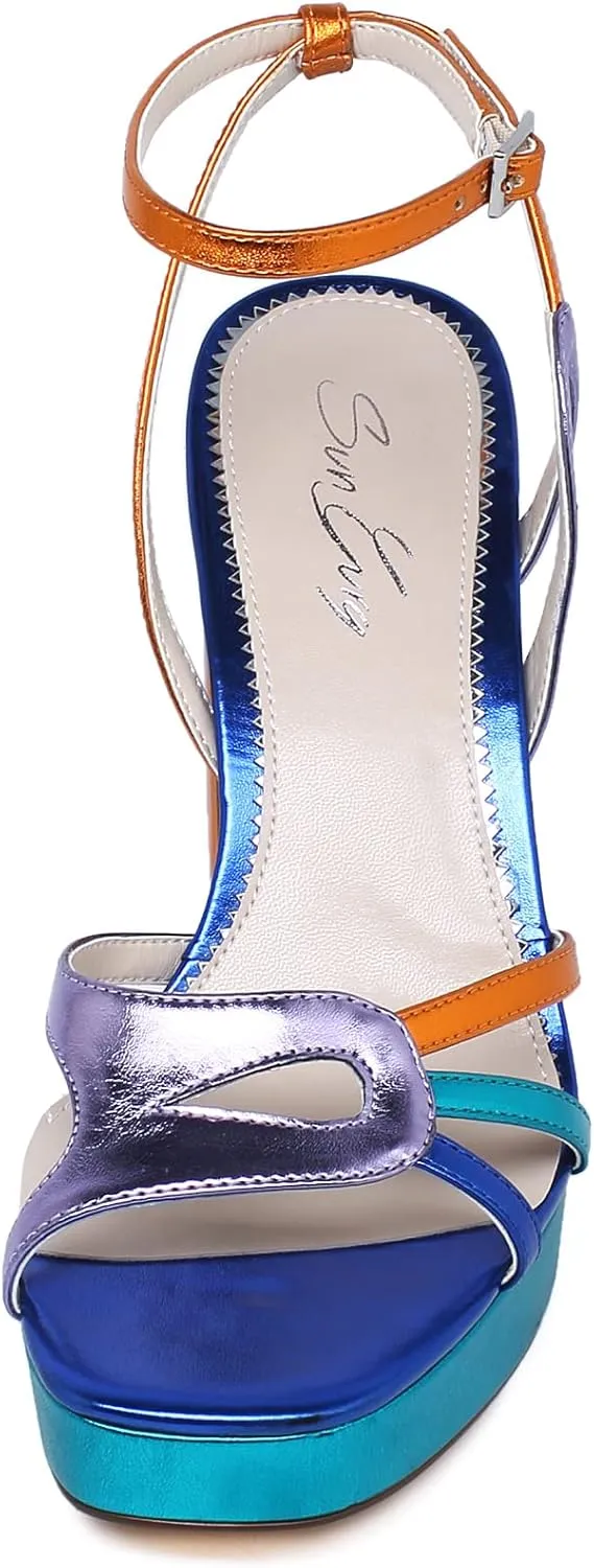 sun gurg Strappy Platform Heels for Women Square Open Toe Chunky High Heels Multicolored Ankle Strap Block Heeled Sandals for Prom Wedding Date Night