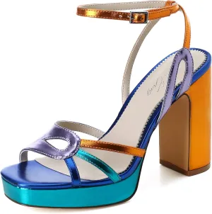 sun gurg Strappy Platform Heels for Women Square Open Toe Chunky High Heels Multicolored Ankle Strap Block Heeled Sandals for Prom Wedding Date Night