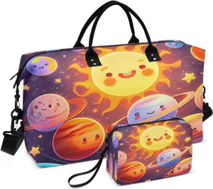Sun Planets Stars Darkpurple Travel Duffel Bag with Toiletry Bag Weekender Bag for Carry on Sports Gym Bag for Shopping Gym Travel