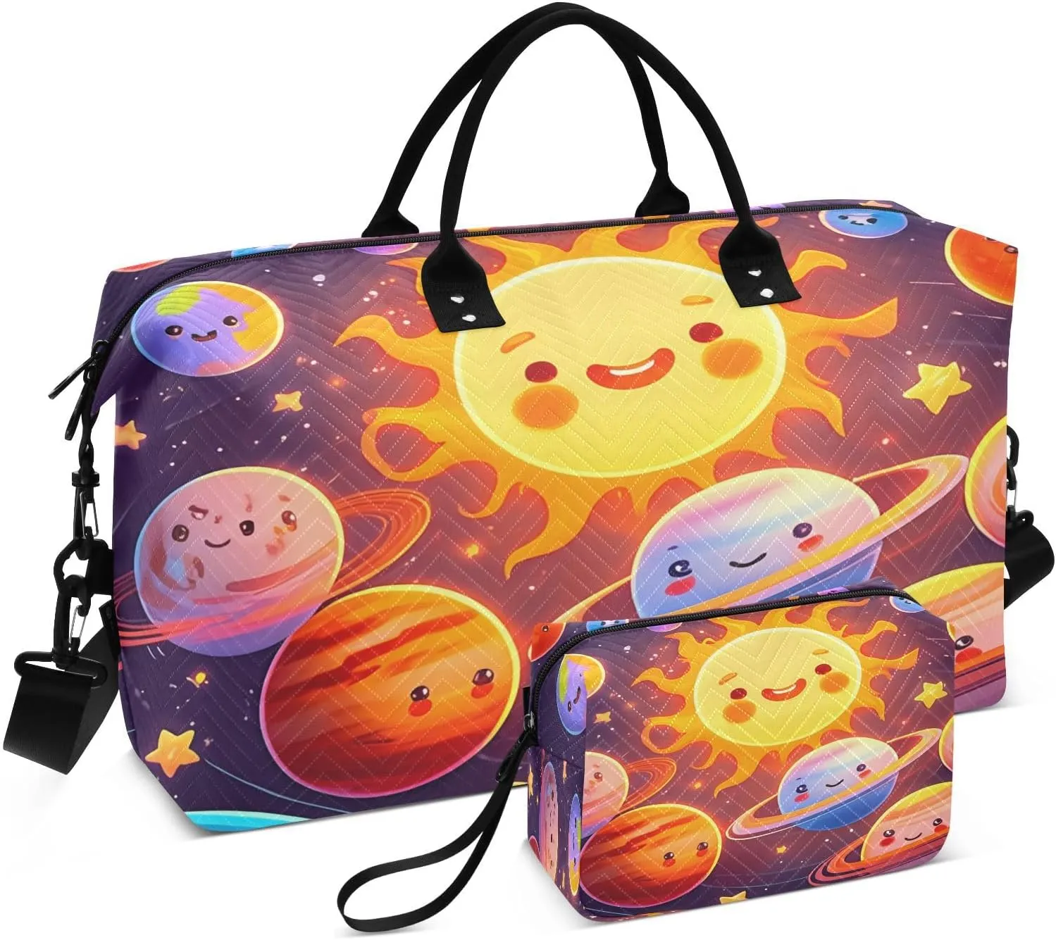 Sun Planets Stars Darkpurple Travel Duffel Bag with Toiletry Bag Weekender Bag for Carry on Sports Gym Bag for Shopping Gym Travel