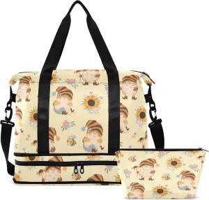 Sunflowers Honey Bees Travel Duffel Bag Funny Gnomes Weekender Bags for Women Men With Shoes Compartments Large Overnight Carry on Weekend Tote With Toiletry Bag for Travel Sport Yoga 17 Inch