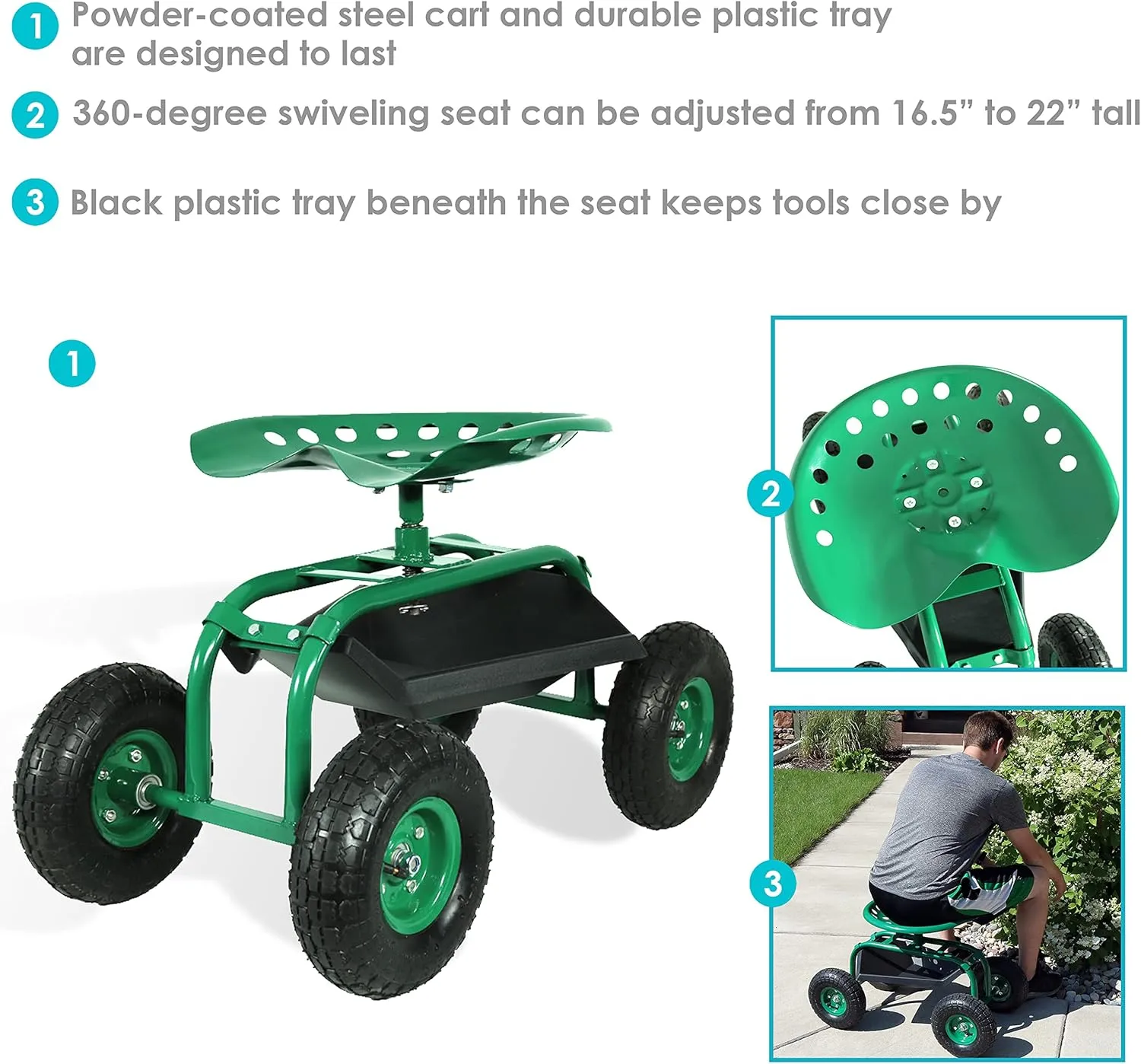 Sunnydaze Rolling Garden Cart with Swivel Seat and Storage - Rolling Garden Seat with Wheels - Gardening Stool with Wheels - Green