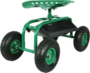 Sunnydaze Rolling Garden Cart with Swivel Seat and Storage - Rolling Garden Seat with Wheels - Gardening Stool with Wheels - Green
