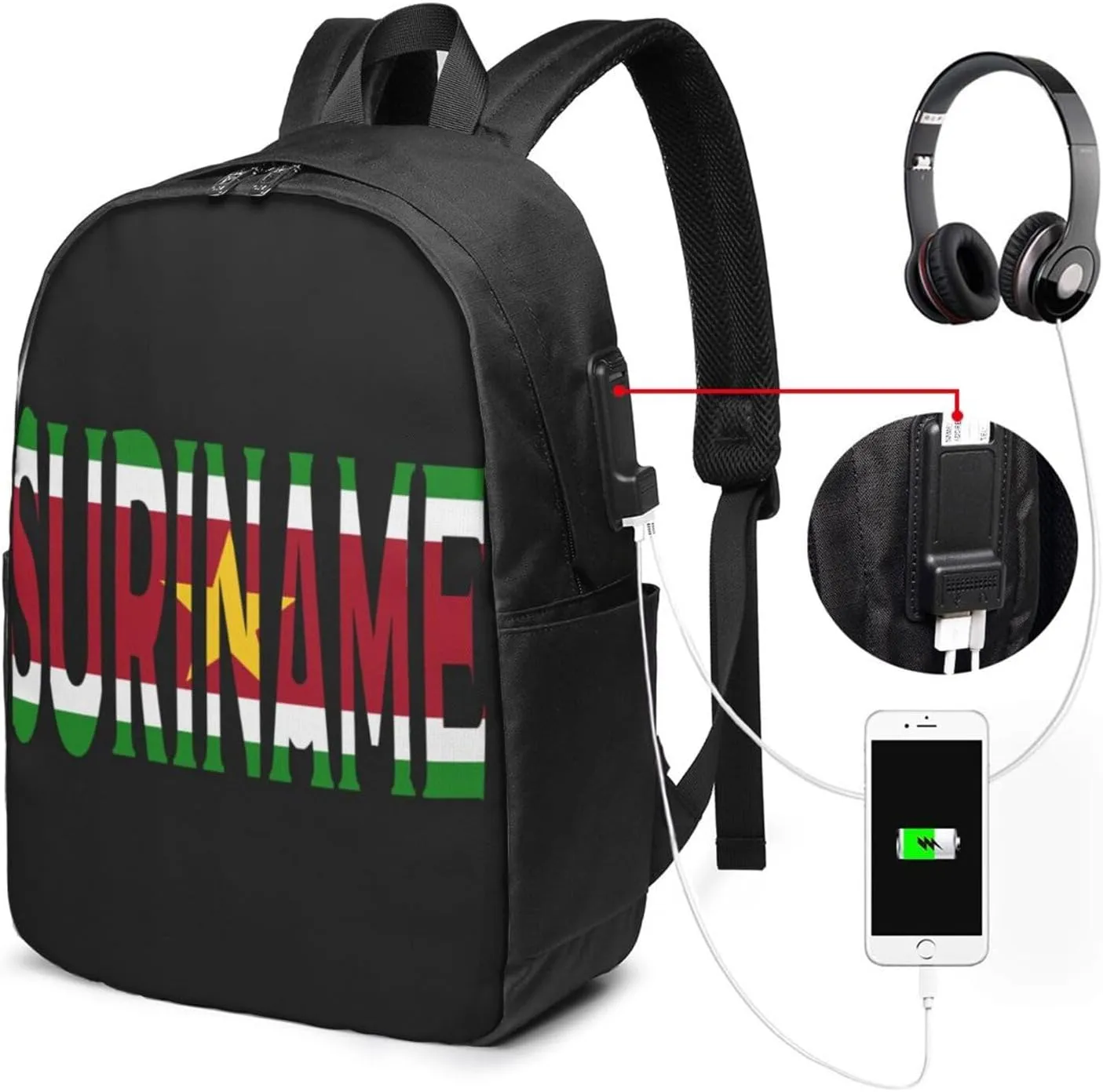 Suriname Font Surinamese Flag Laptop Backpacks Travel Backpack Casual Business Daypack Sport Rucksack Computer Bag Fits up to 17 Inch Notebook with USB Port