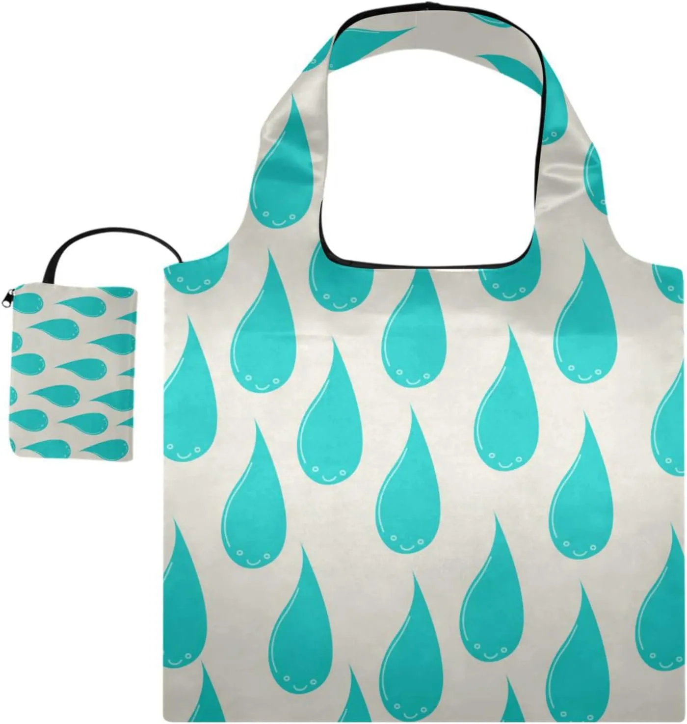 susiyo Cute Green Raindrops Foldable Reusable Grocery Shopping Tote Bag Heavy Duty Eco-friendly Travel Recycle Shoulder Bag Folding to fits in Pocket for Women Men