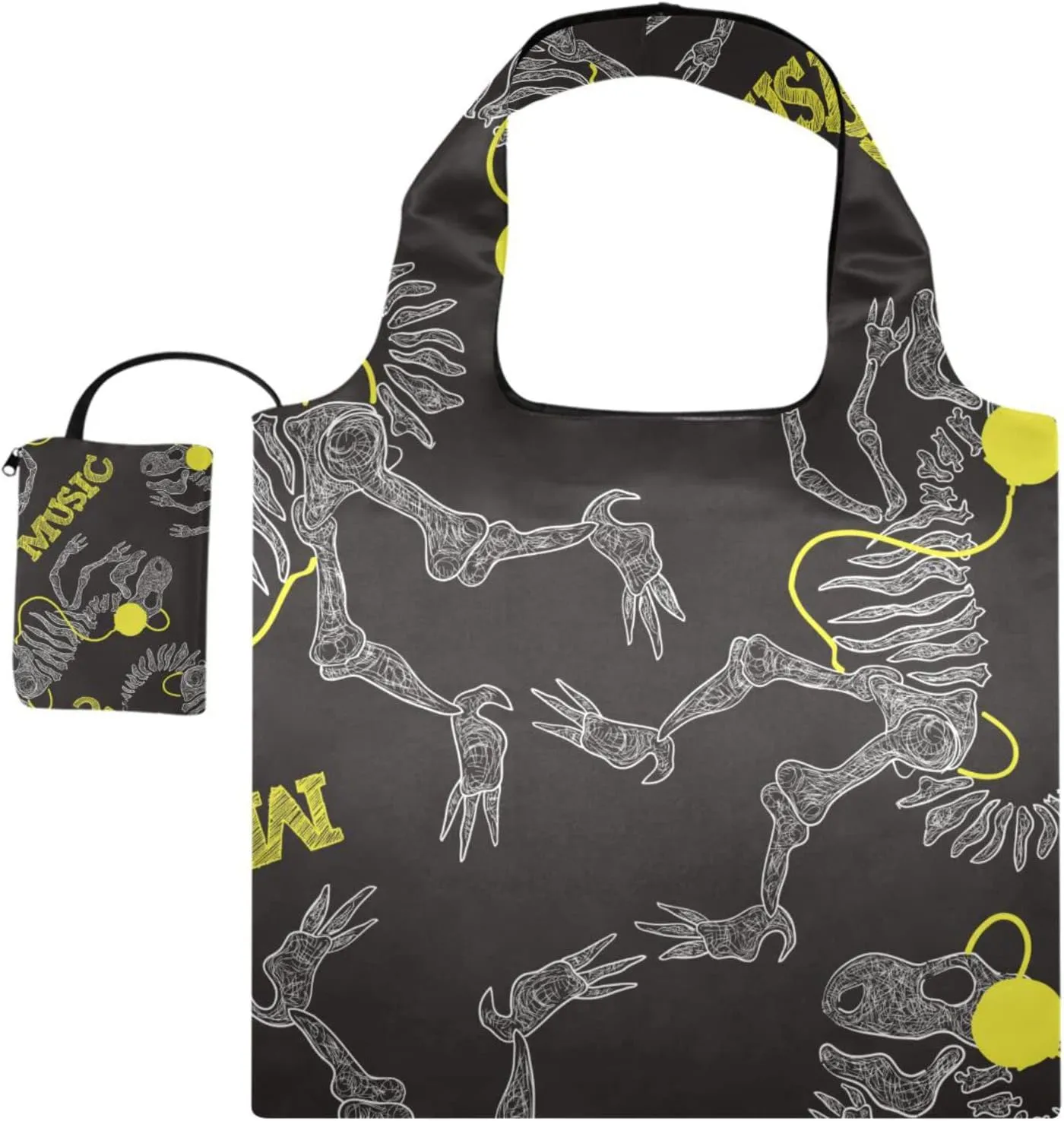 susiyo Skeleton Dinosaur Black Foldable Reusable Grocery Shopping Tote Bag Heavy Duty Eco-friendly Travel Recycle Shoulder Bag Folding to fits in Pocket for Women Men