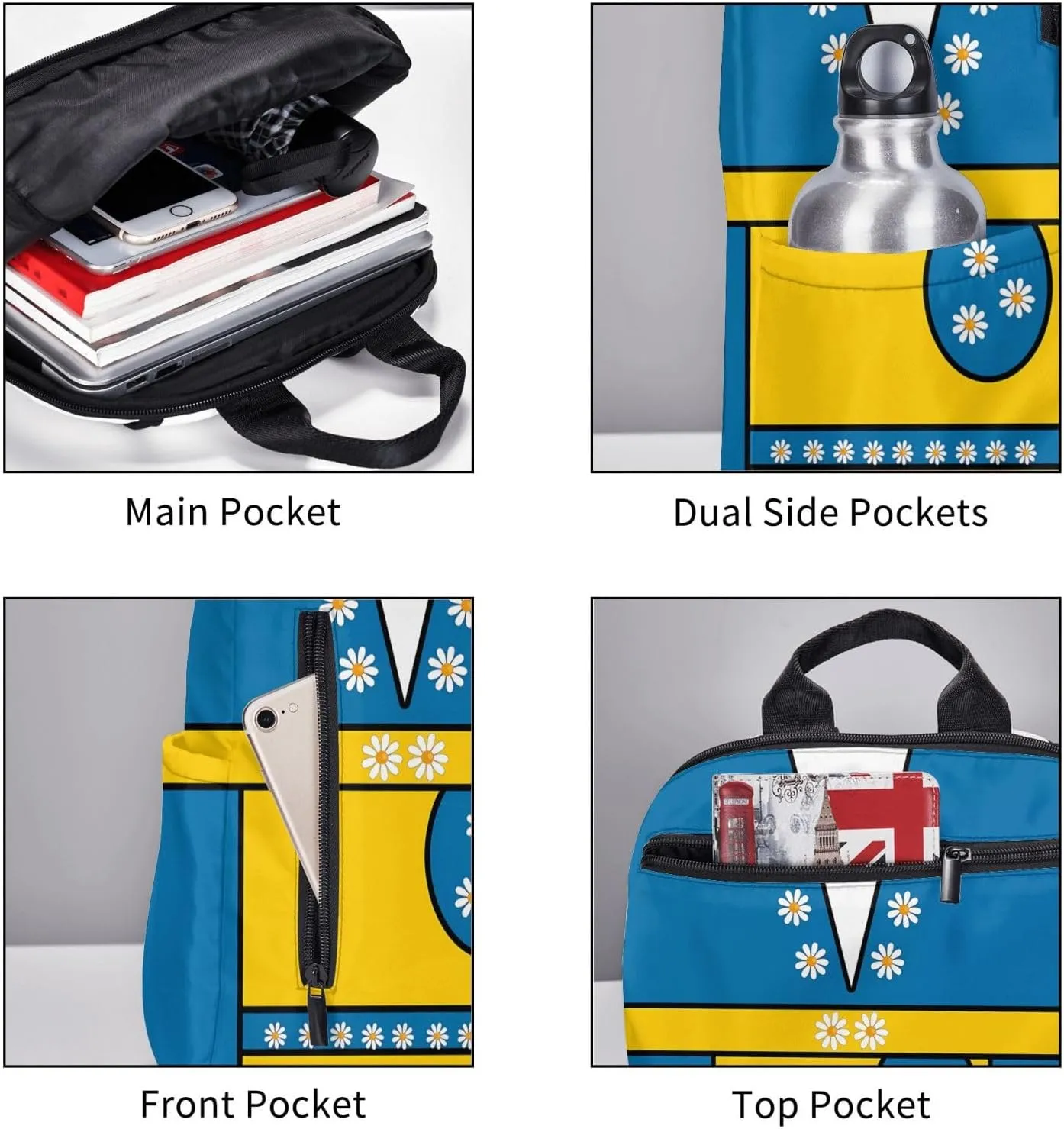 Swedish Sweden Flag Daisies Casual Laptop Backpack Travel Rucksack Sports Daypack Adjustable Strap Bags with Multi-Pockets for Working Running Camping
