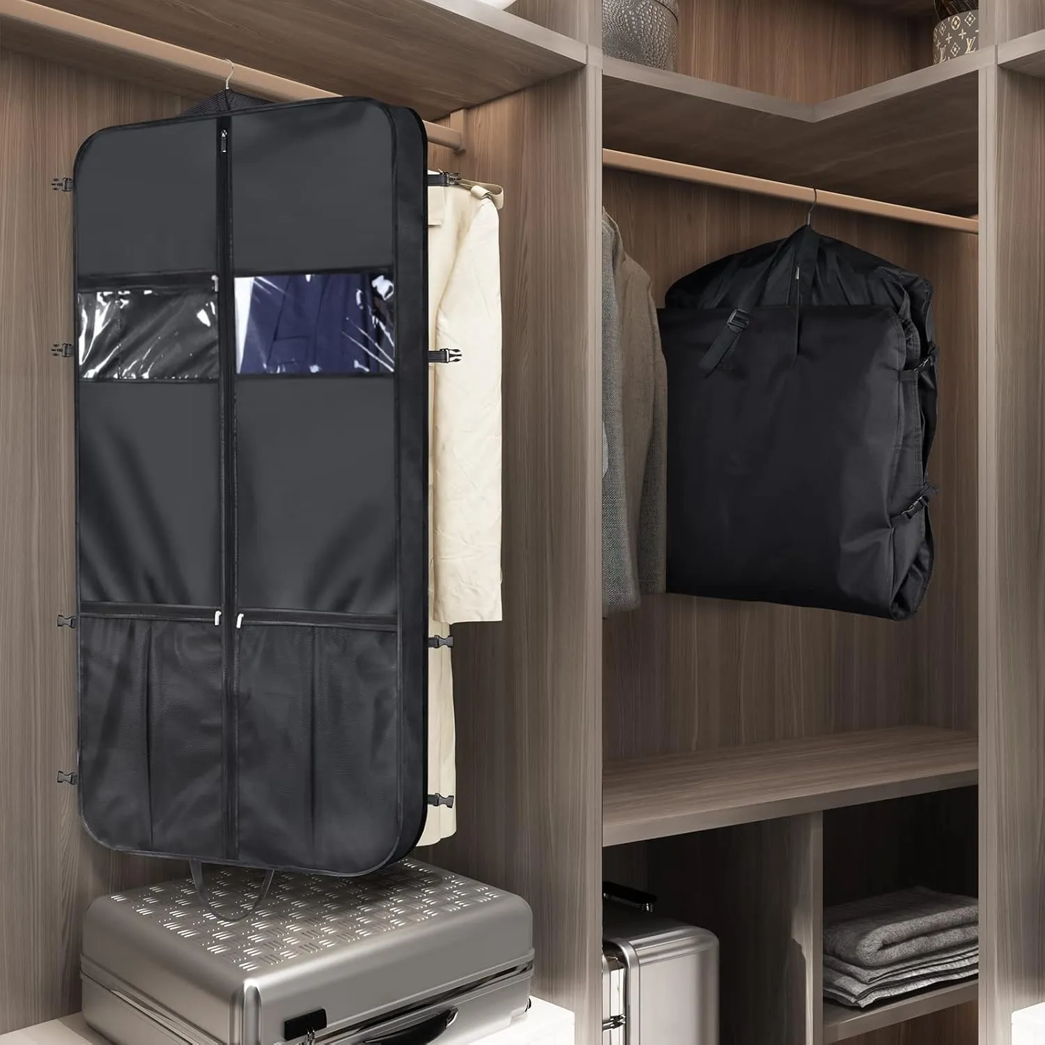 Syeeiex 50" Garment Bags for Travel,Suit Travel Bags for Men with Handles and 6 Pockets, Gusseted Thick Oxford Garment Bags for Hanging Clothes, Foldable Garment Bag for Storage, Black