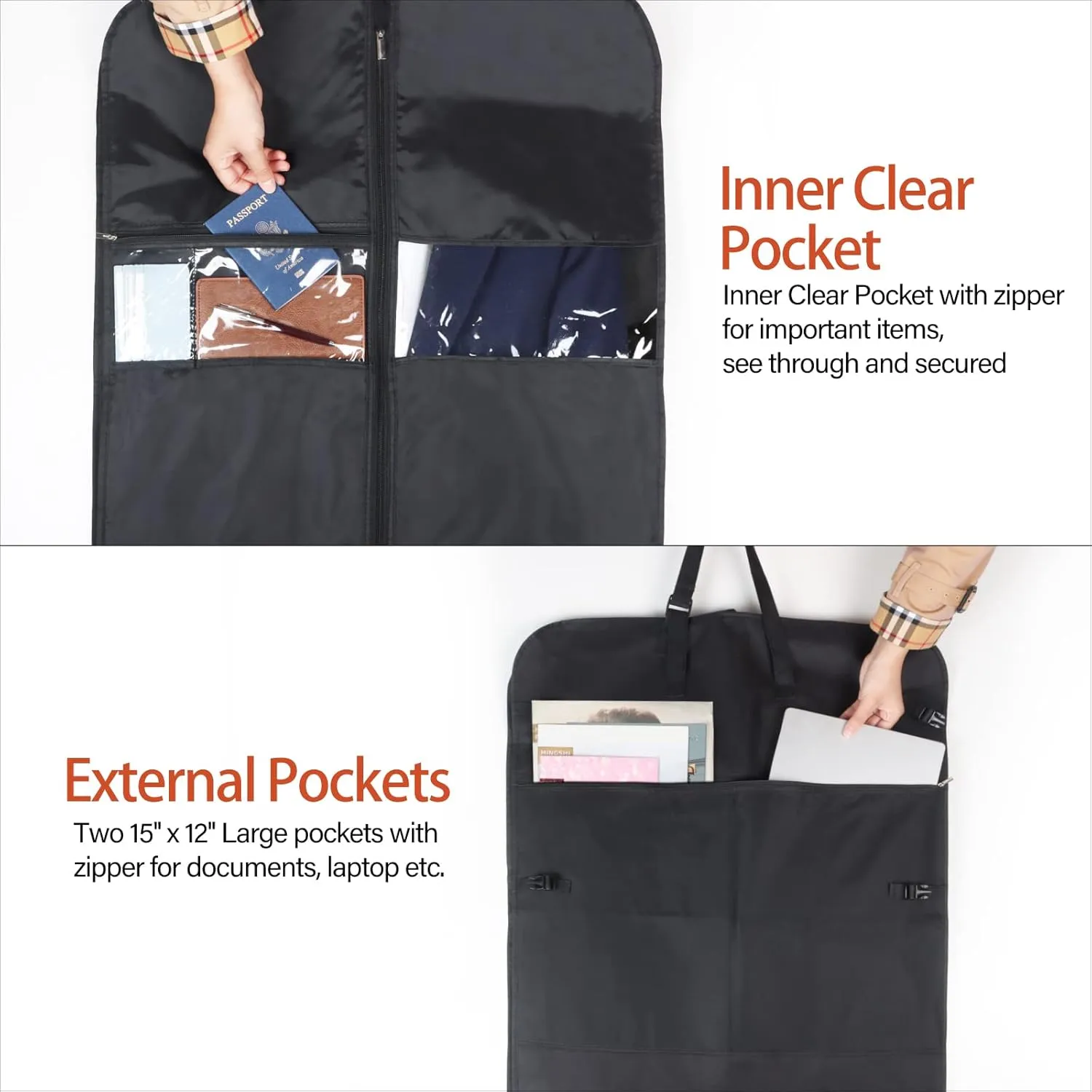 Syeeiex 50" Garment Bags for Travel,Suit Travel Bags for Men with Handles and 6 Pockets, Gusseted Thick Oxford Garment Bags for Hanging Clothes, Foldable Garment Bag for Storage, Black