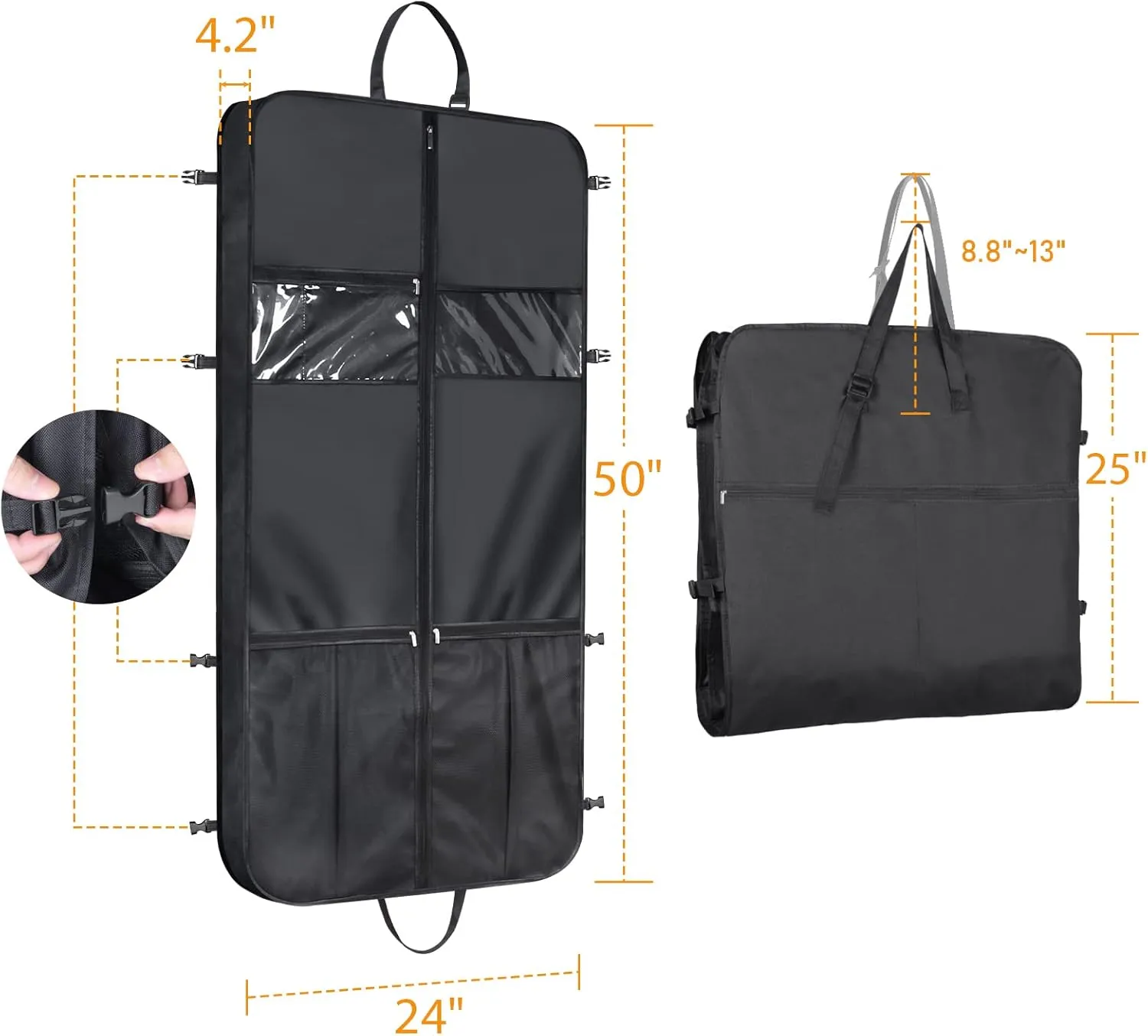 Syeeiex 50" Garment Bags for Travel,Suit Travel Bags for Men with Handles and 6 Pockets, Gusseted Thick Oxford Garment Bags for Hanging Clothes, Foldable Garment Bag for Storage, Black