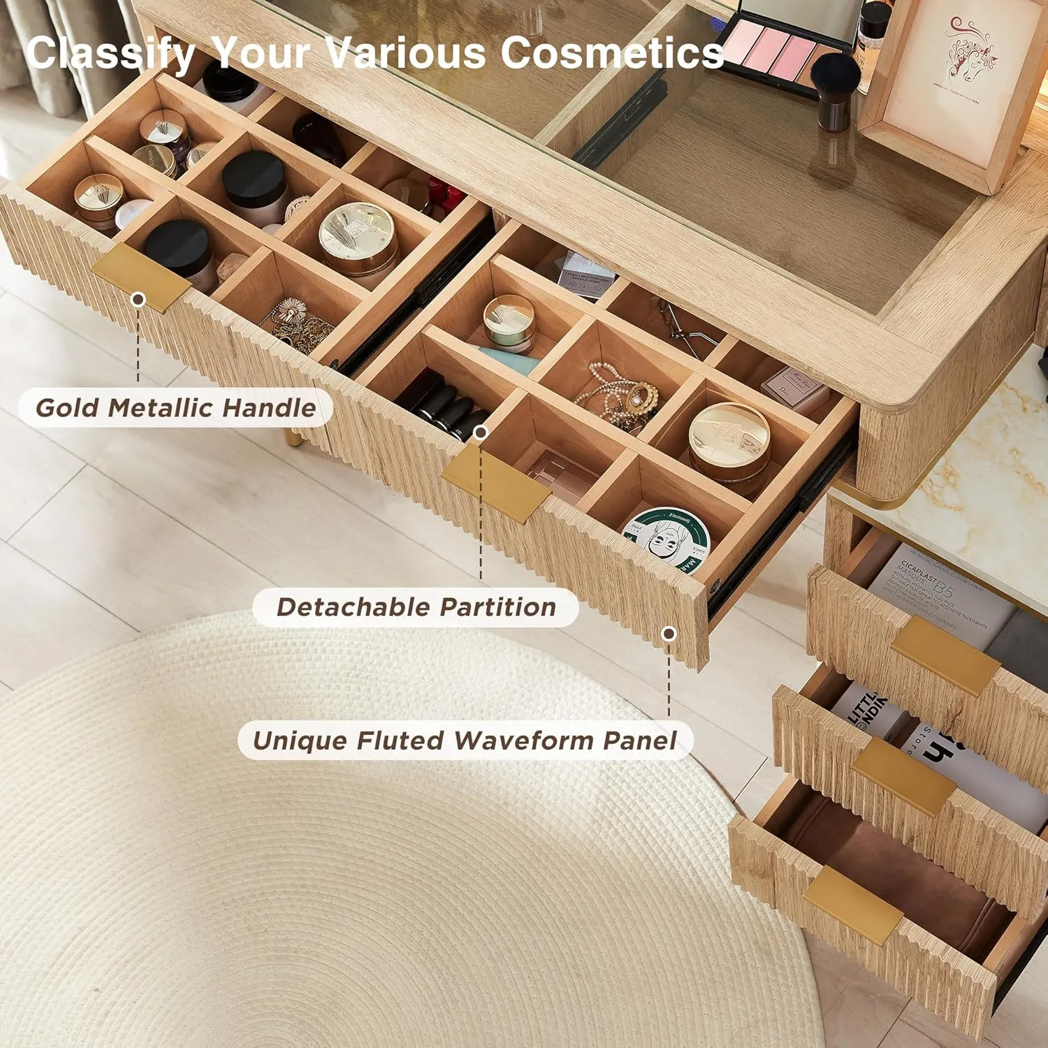 T4TREAM Fluted Makeup Vanity Desk with 36" HD Lighted Mirror, 48" Big Modern Vanity Desk with Mirror and Lights, Dressing Table with 5 Drawers & Shelves, Glass Top for Bedroom (Natural Oak)