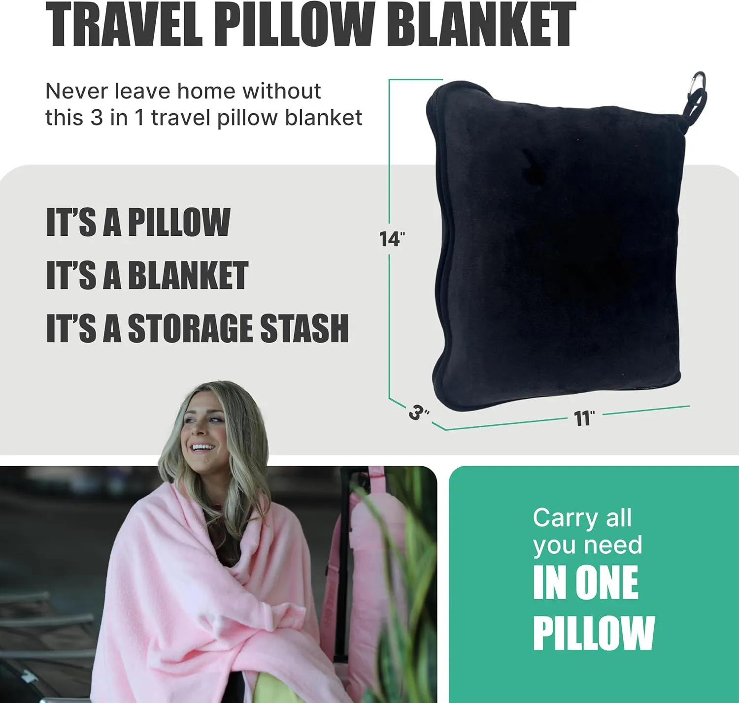 Take OFF Luggage - Compact Travel Blanket and Pillow, Super Soft Stuffable Bag with Zipper Pockets & a Keychain, Fits 3 Days of Essentials, Carry on Airplanes, Cars and Road Trip Accessories, Black