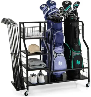 Tangkula Golf Bag Storage Rack for Garage, Golf Bags Stand with 3-Tire Storage Rack, Top Golf Basket, 14 Club Organizers, 2 Towel Hooks & 4 Side Hooks, Rolling Golf Equipment Organizer for Garage