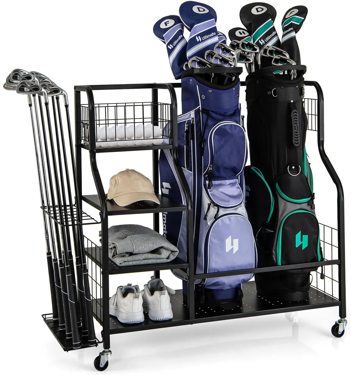 Tangkula Golf Bag Storage Rack for Garage, Golf Bags Stand with 3-Tire Storage Rack, Top Golf Basket, 14 Club Organizers, 2 Towel Hooks & 4 Side Hooks, Rolling Golf Equipment Organizer for Garage