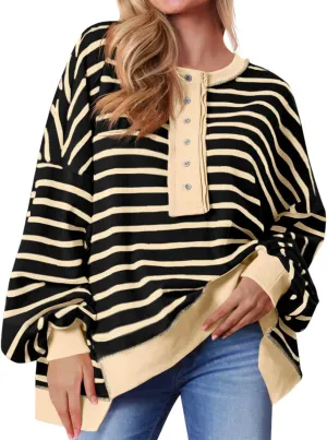 Tankaneo Womens Oversized Striped Sweatshirts Henley Shirts Color Block Casual Pullover Waffle Knit Tops