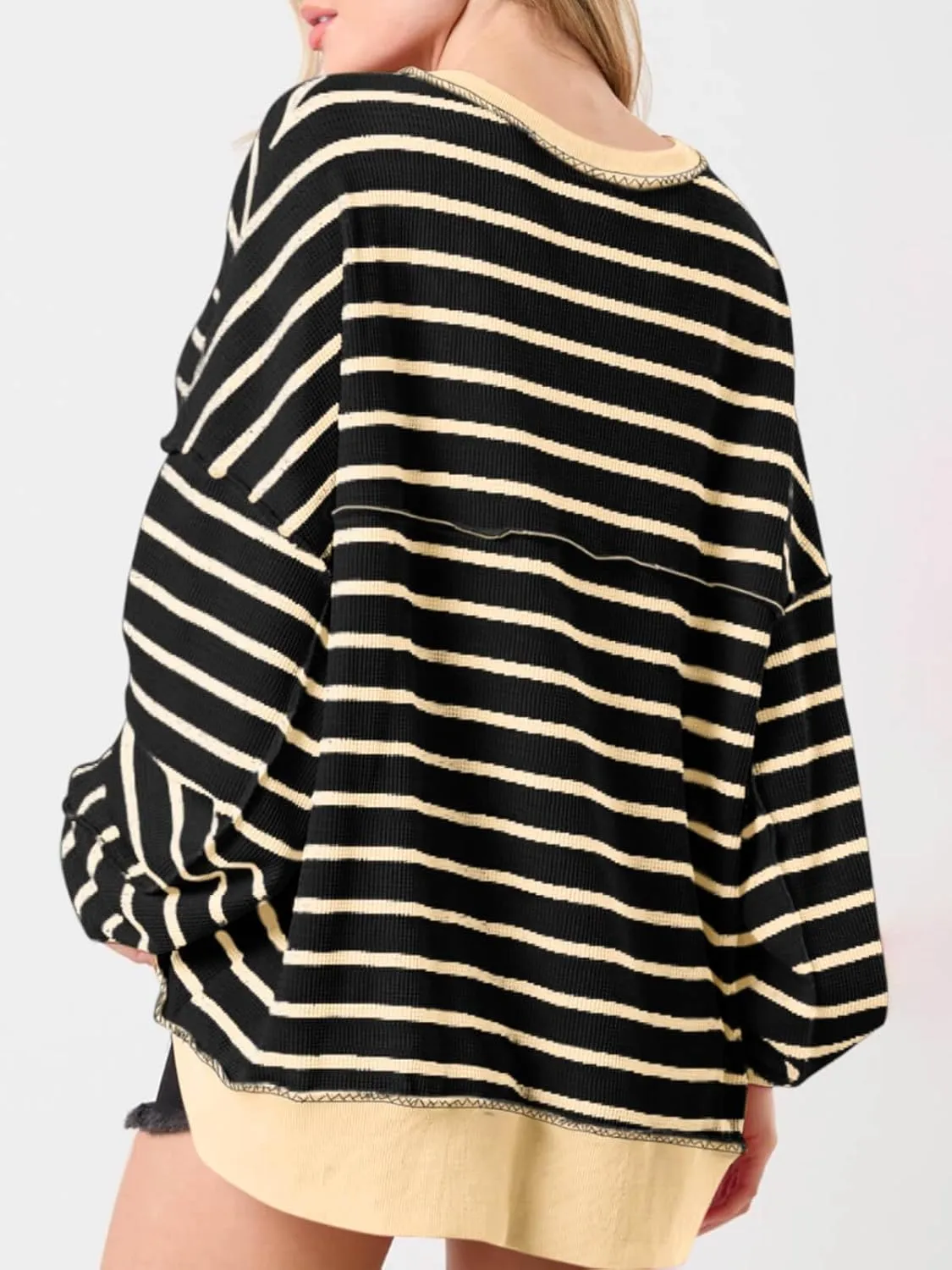 Tankaneo Womens Oversized Striped Sweatshirts Henley Shirts Color Block Casual Pullover Waffle Knit Tops
