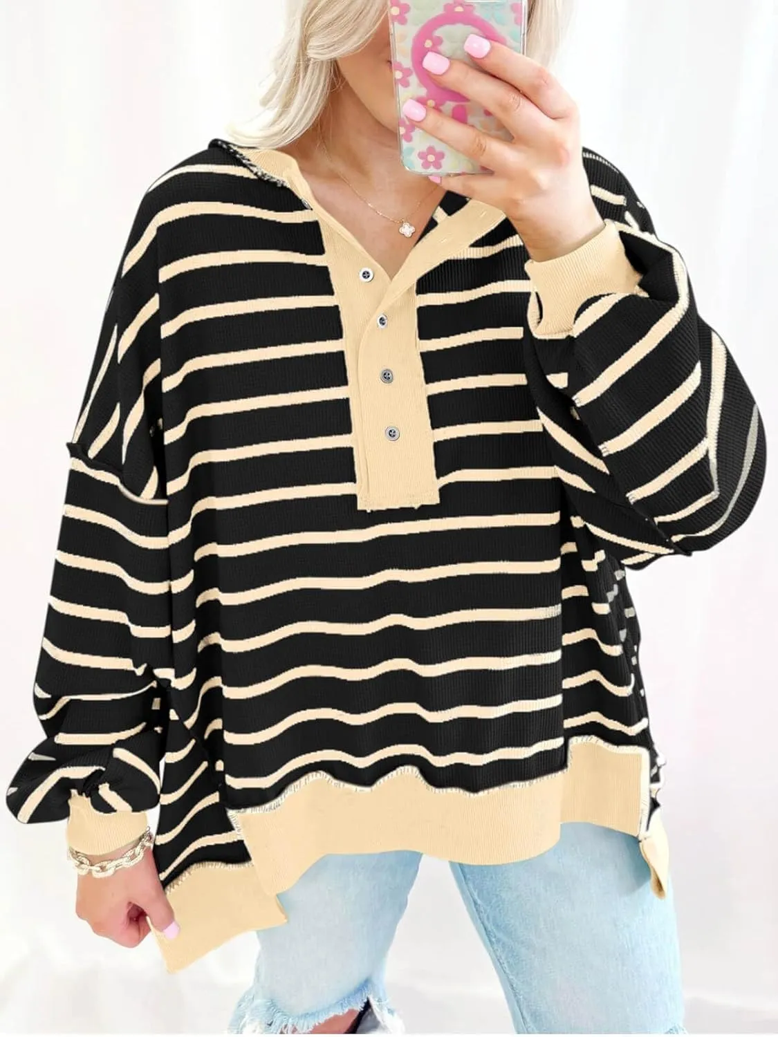 Tankaneo Womens Oversized Striped Sweatshirts Henley Shirts Color Block Casual Pullover Waffle Knit Tops