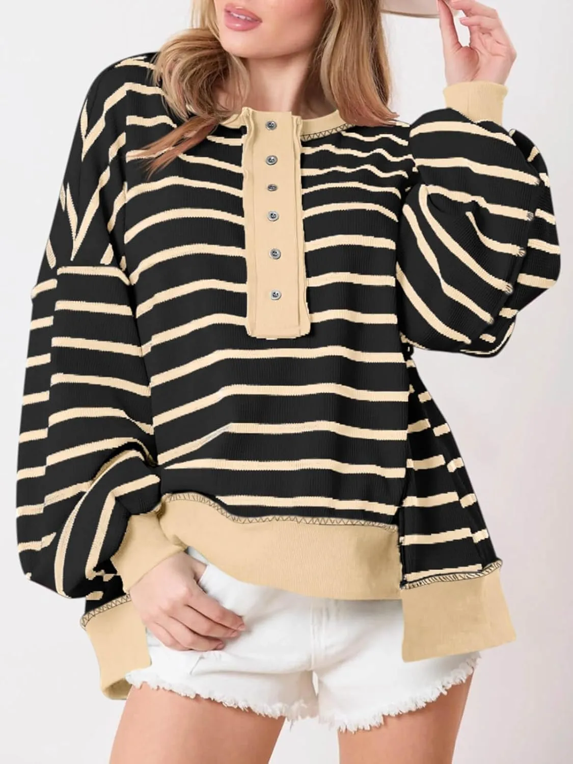 Tankaneo Womens Oversized Striped Sweatshirts Henley Shirts Color Block Casual Pullover Waffle Knit Tops