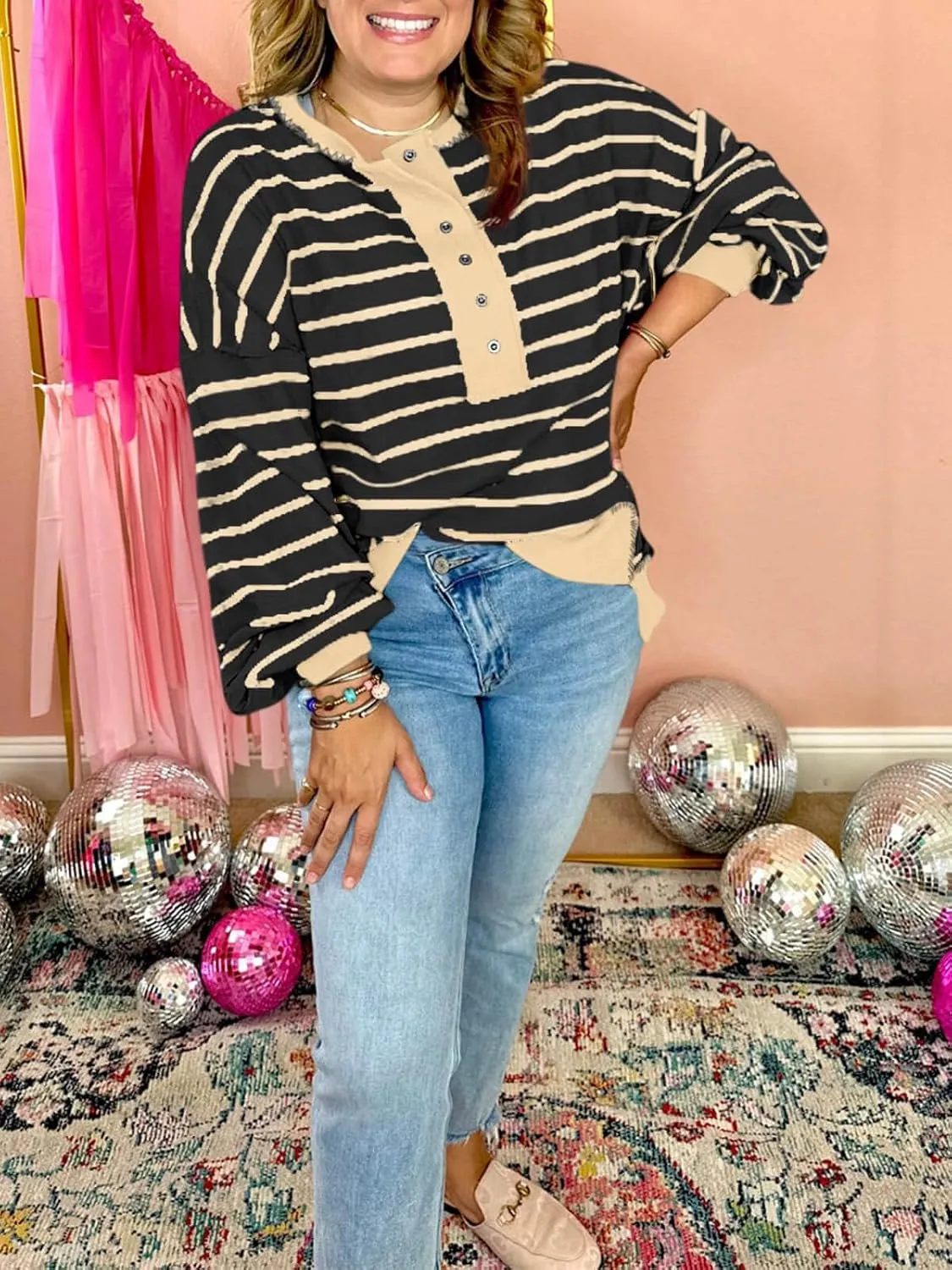 Tankaneo Womens Oversized Striped Sweatshirts Henley Shirts Color Block Casual Pullover Waffle Knit Tops