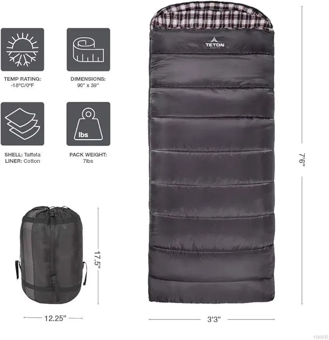 TETON Sports Fahrenheit XXL, -25, 20, and 0 Degree Sleeping Bag for Adults; Warm Cotton Lining for Camping in Comfort, All Weather Sleeping Bags