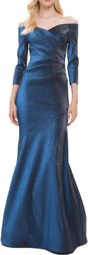 THEIA Womens Pleated Metallic Evening Dress Navy 6