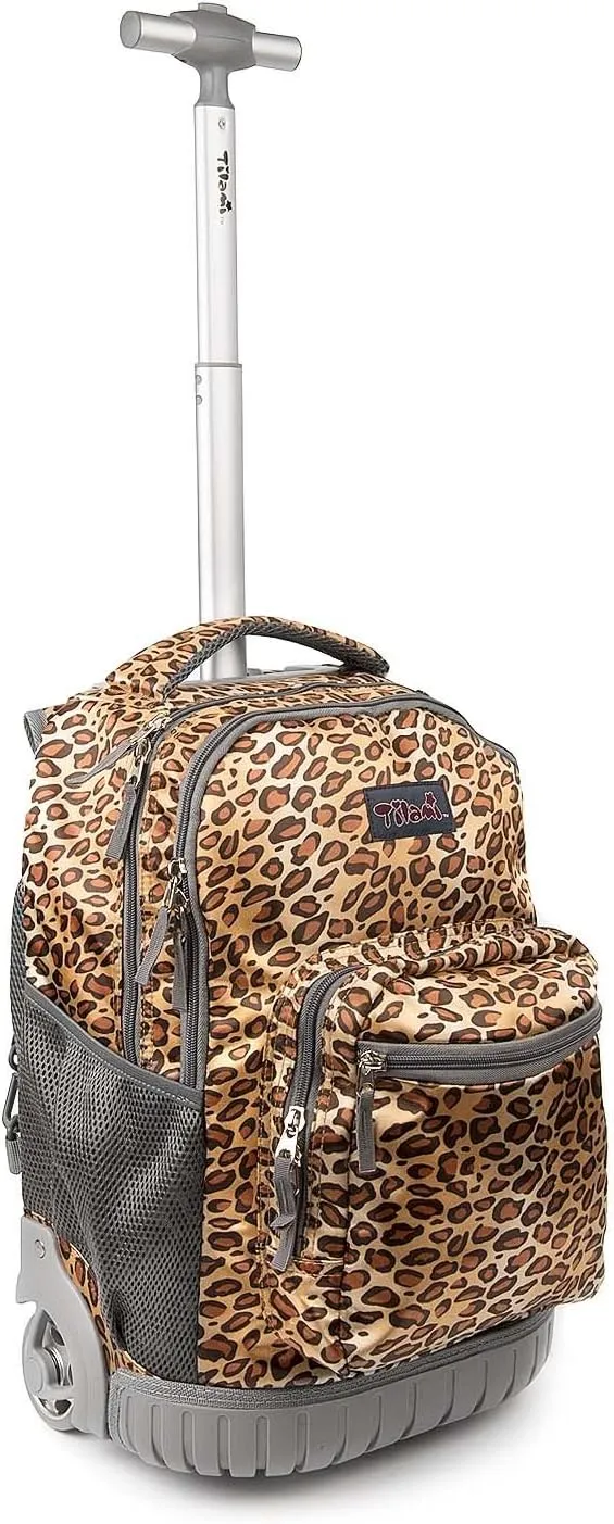 Tilami Rolling Backpack 18 Inch for School Travel, Leopard Brown