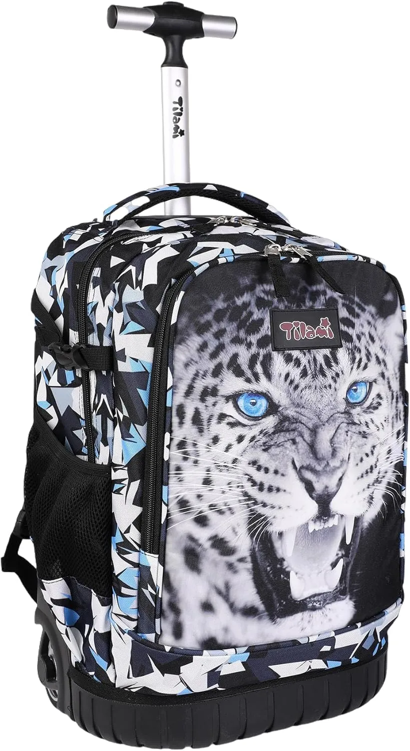 Tilami Rolling Backpack, 18 inch Shoulder Drop, Concealed Pockets and Wheel Cover, Laptop Backpack for Boys and Girls, Leopard Black