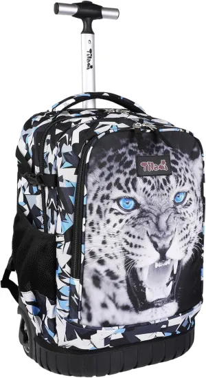 Tilami Rolling Backpack, 18 inch Shoulder Drop, Concealed Pockets and Wheel Cover, Laptop Backpack for Boys and Girls, Leopard Black