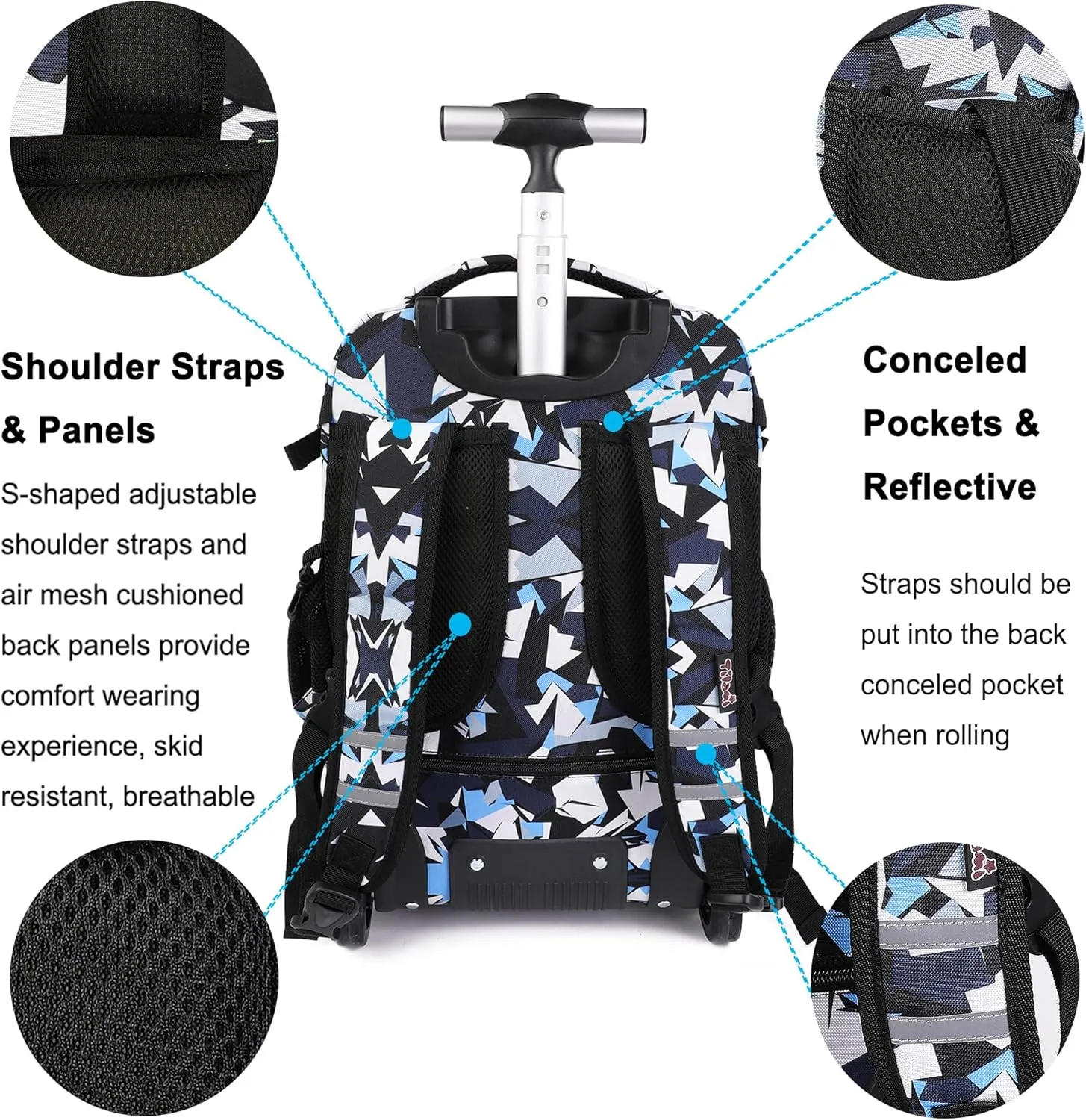 Tilami Rolling Backpack, 18 inch Shoulder Drop, Concealed Pockets and Wheel Cover, Laptop Backpack for Boys and Girls, Leopard Black