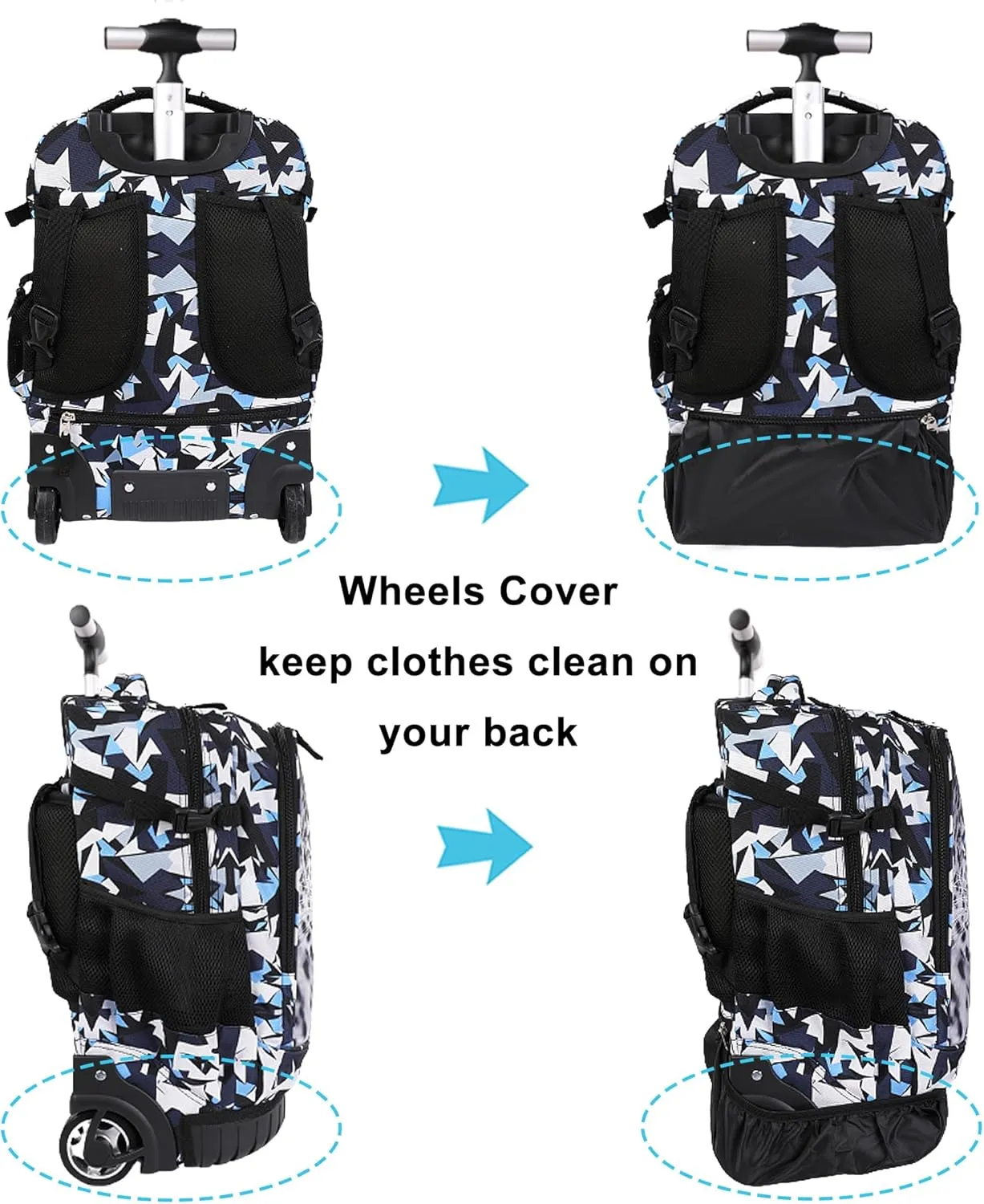 Tilami Rolling Backpack, 18 inch Shoulder Drop, Concealed Pockets and Wheel Cover, Laptop Backpack for Boys and Girls, Leopard Black