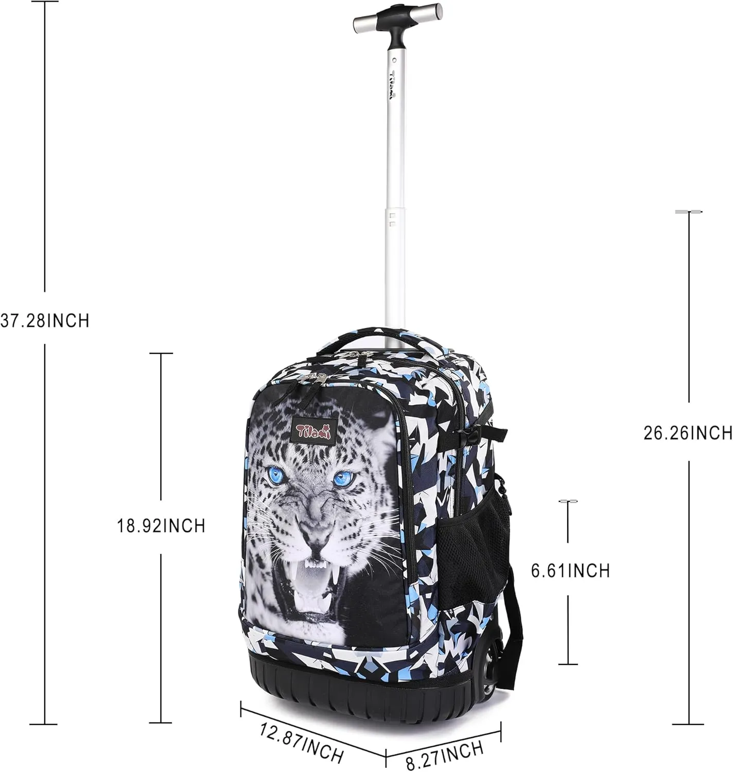 Tilami Rolling Backpack, 18 inch Shoulder Drop, Concealed Pockets and Wheel Cover, Laptop Backpack for Boys and Girls, Leopard Black
