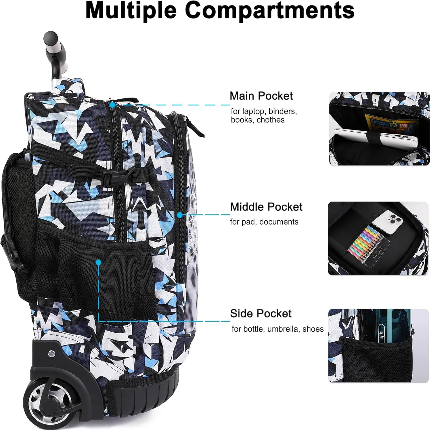 Tilami Rolling Backpack, 18 inch Shoulder Drop, Concealed Pockets and Wheel Cover, Laptop Backpack for Boys and Girls, Leopard Black
