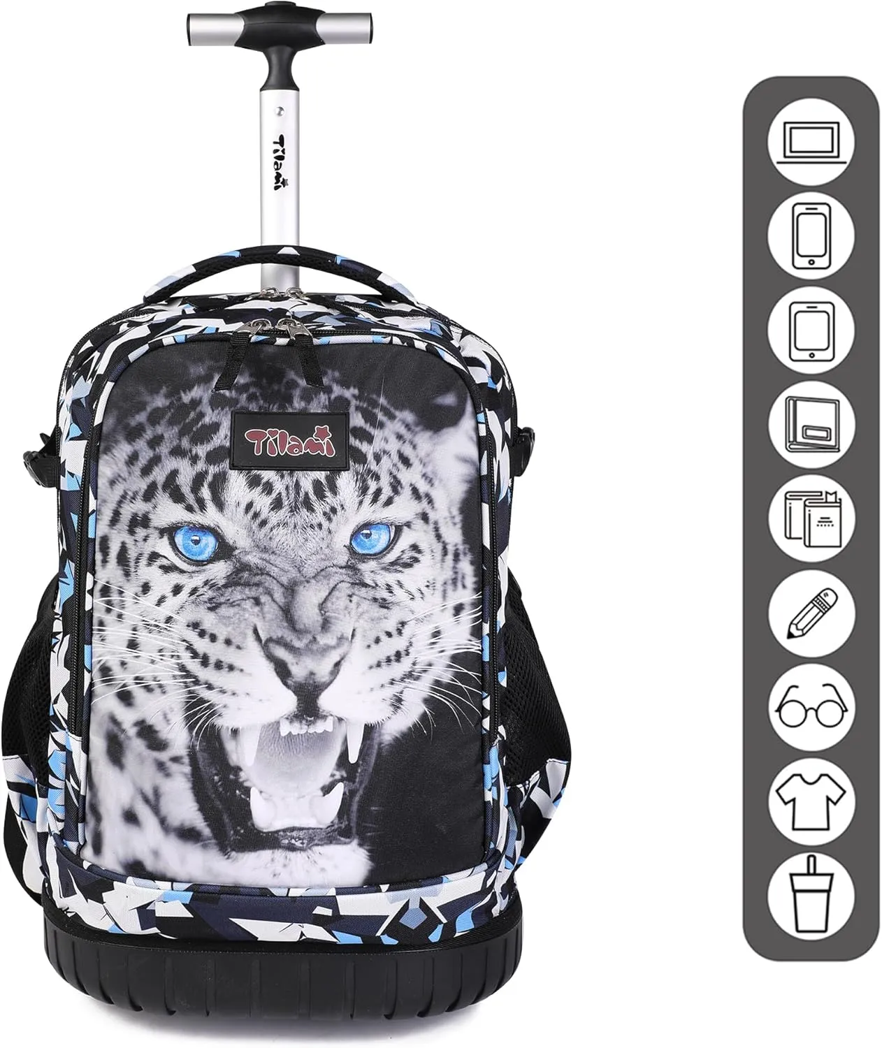 Tilami Rolling Backpack, 18 inch Shoulder Drop, Concealed Pockets and Wheel Cover, Laptop Backpack for Boys and Girls, Leopard Black