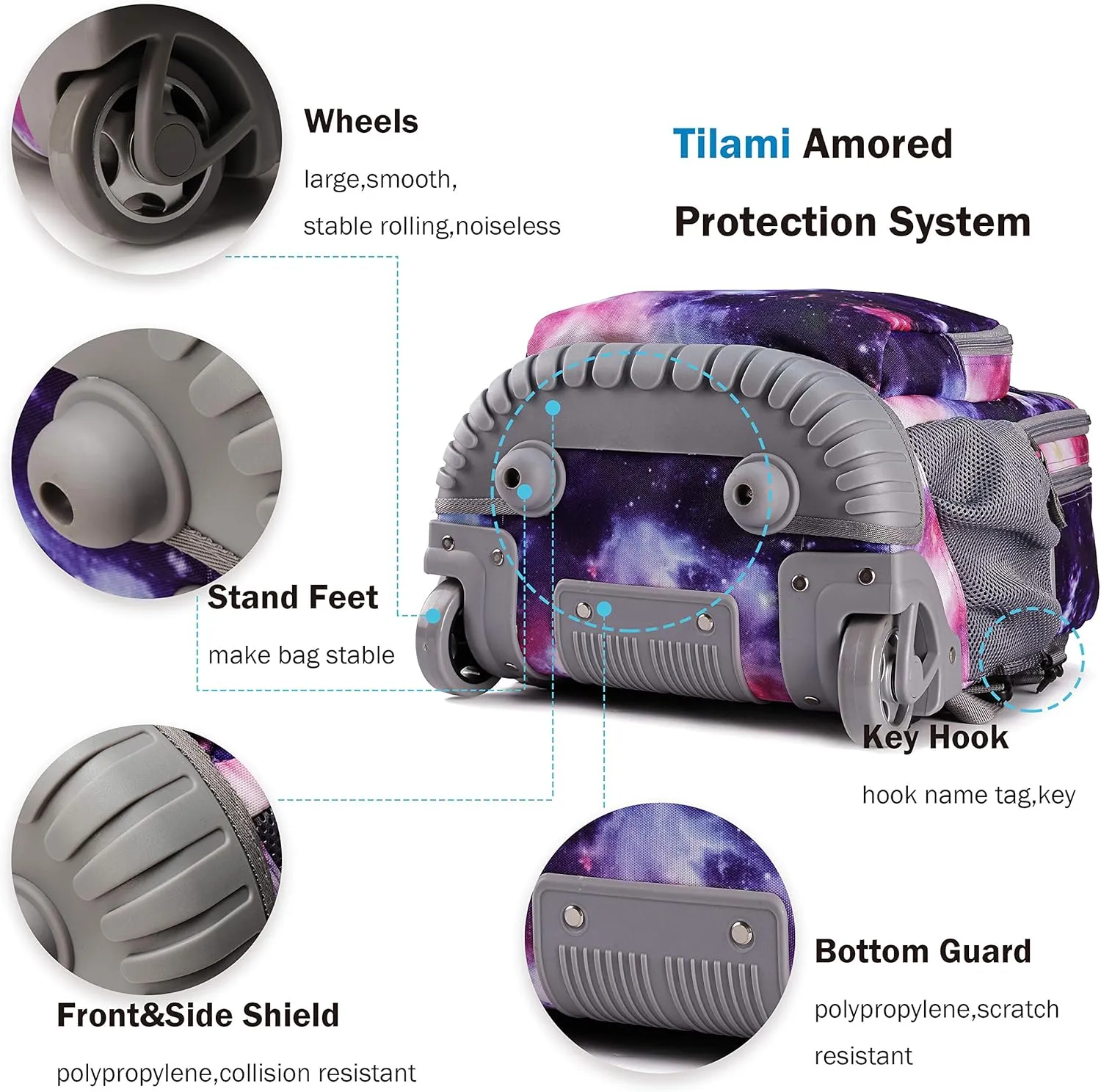 Tilami Rolling Backpack 18 inch Wheeled Backpack School College Student Travel Trip Boys and Girls
